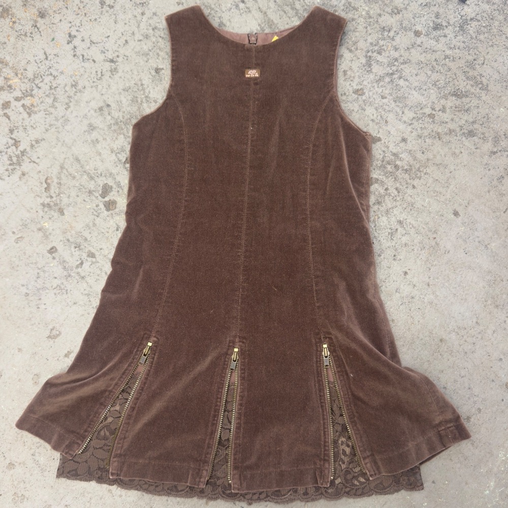 Lili Gaufrette Girls Brown Corduroy Lace Hem Zipper Jumper Dress Size 6 Years